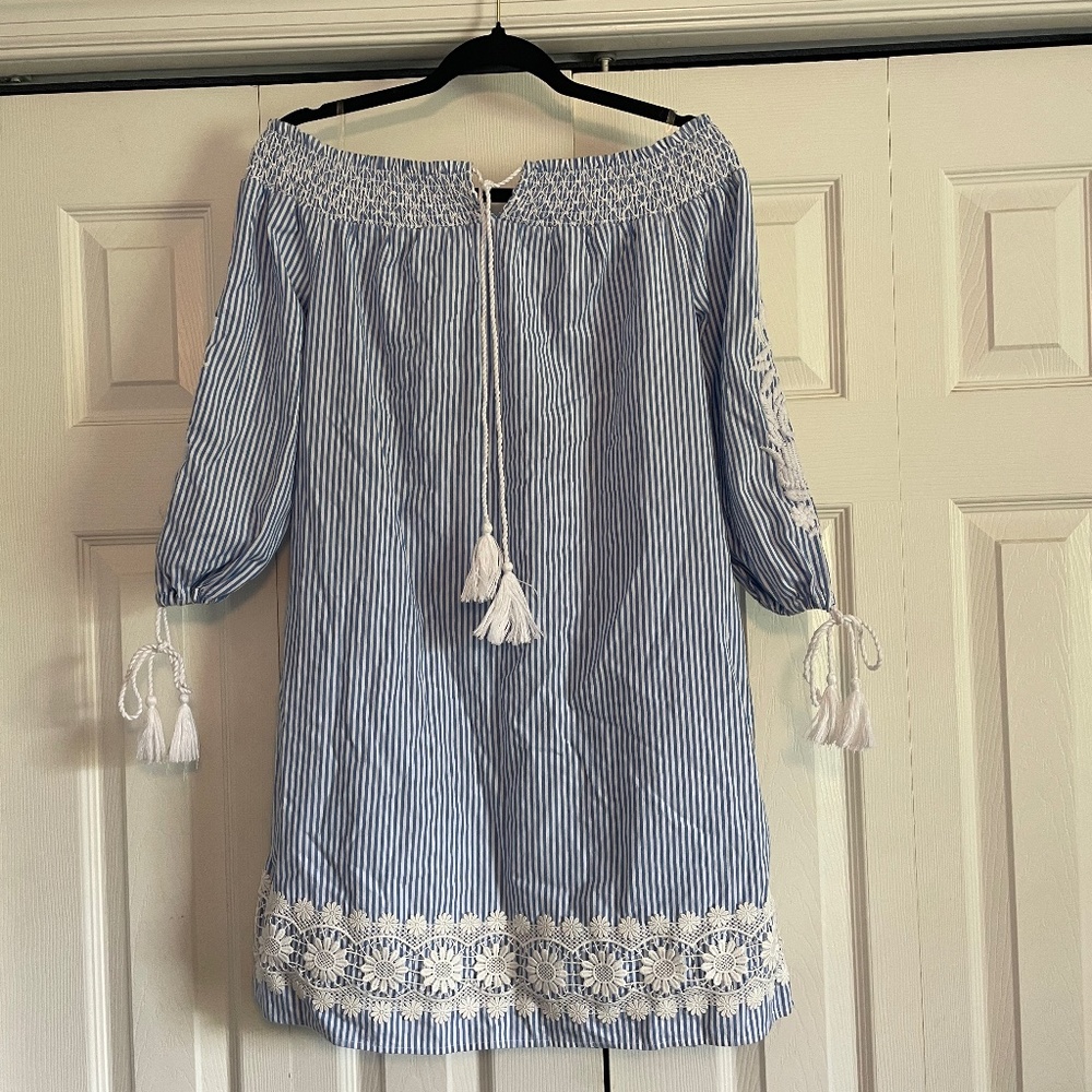 Crown and Ivy Striped Nautical Off the Shoulder Dress